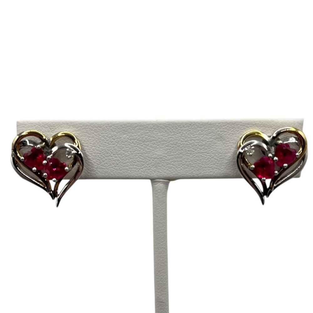 Varsano 925 Silver Ruby Diamond Accent Double Heart Two Tone Heart Stud Earrings